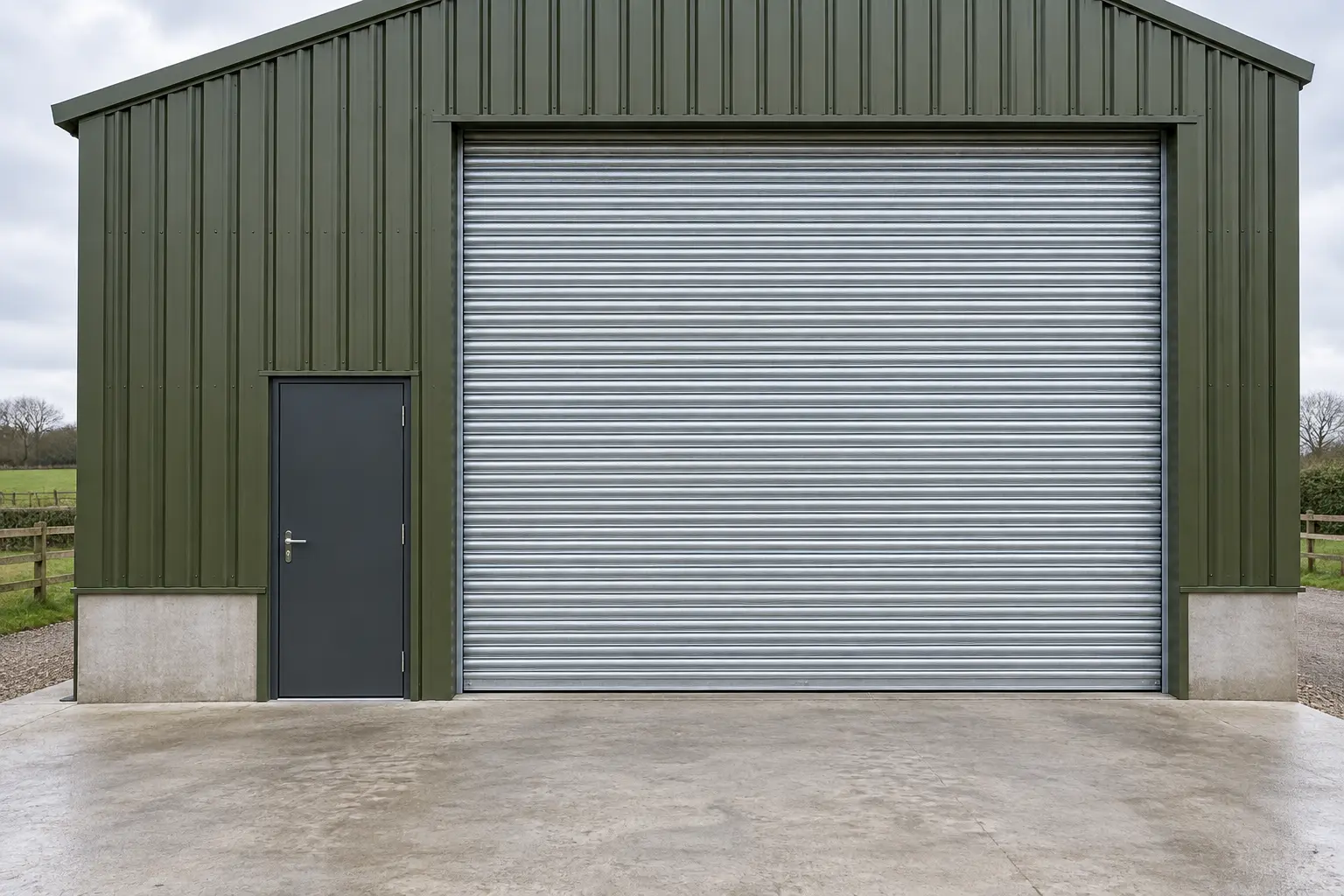 Illustrative 6m roller shutter with a single steel personnel door on the left and concealed internal roller mechanism