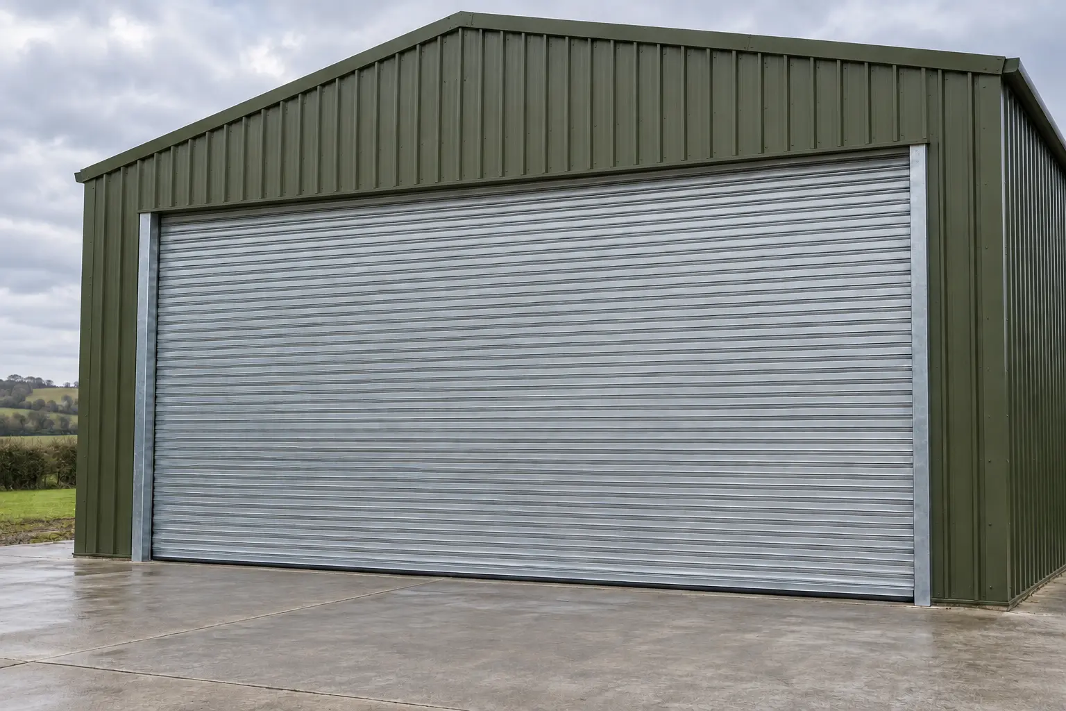 Illustrative wide galvanised roller shutter for a main barn entrance