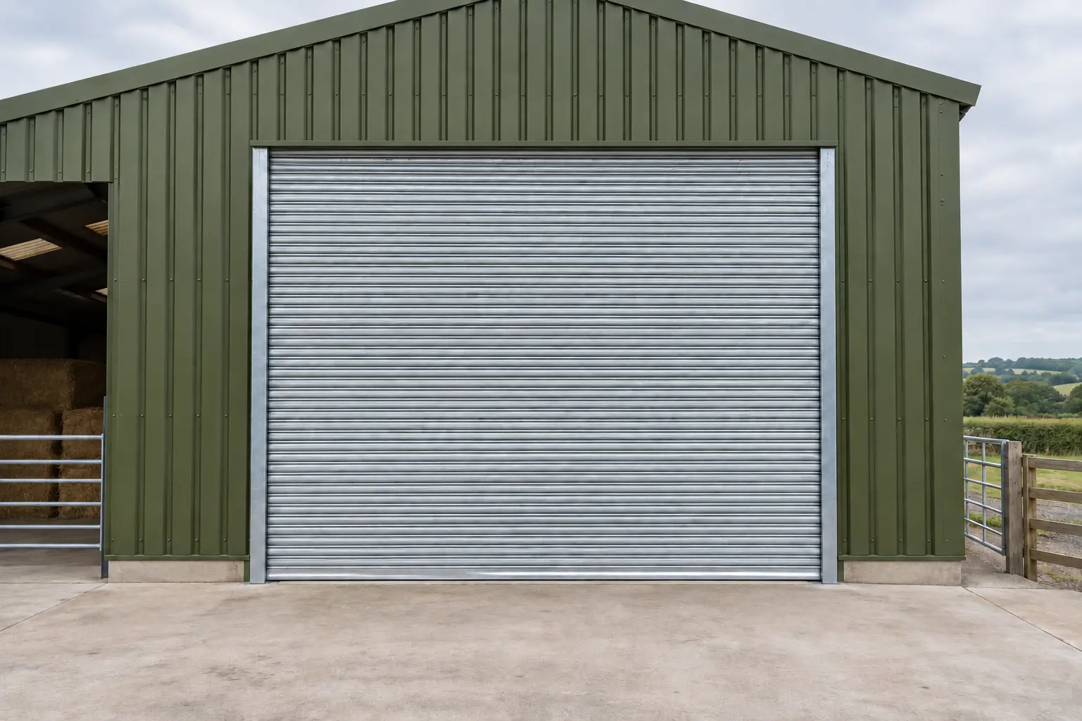 Illustrative smaller galvanised roller shutter in a green-clad barn